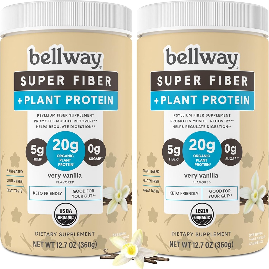 Bellway Super Fiber + Protein Powder (2 Pack), Zuckerfreies organisches Psyllium Husk Faserergänzungspulver mit 20g Pflanzenprotein pro Servierung, Sehr Vanille, 24.14 Unze