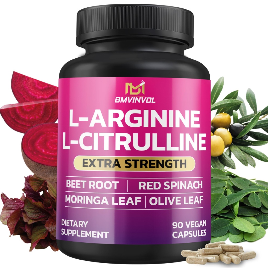 BMVINVOL L Arginine L Supplément Citrulline Plus Racine de betterave, Moringa, Olive, Épinards Rouges pour le soutien quotidien - 90 Capsules