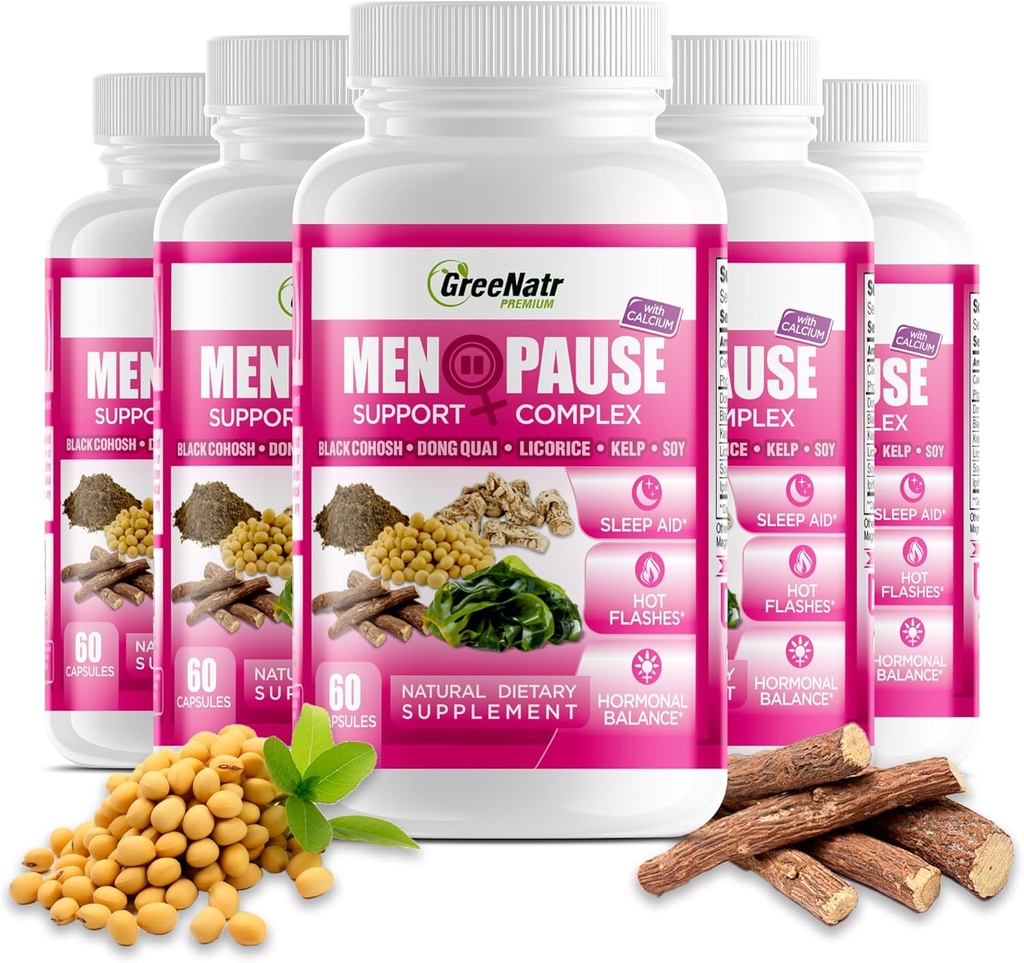 GreeNatr Herbal Menopause Support-Komplex für heiße Flashes, Nacht Sweats & Mood Swings Relief. Fördert Balanced Hormon Levels - Black Cohosh, Dong Quai, Licorice Root & Kelp Blätter (6 Flaschen)