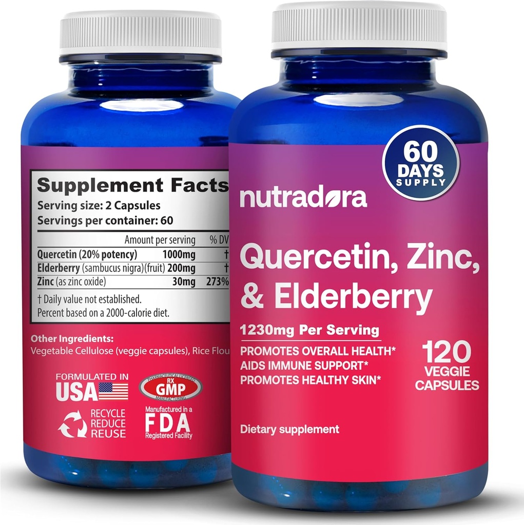 Quercetin 1000mg Veggie Kapseln, Non-GMO, Elderberry Zink Quercetin Ergänzungen Unterstützt Immun, Herz-Kreislauf- & Atemwegs-Gesundheit, 120 Kapseln (Pack von 1)