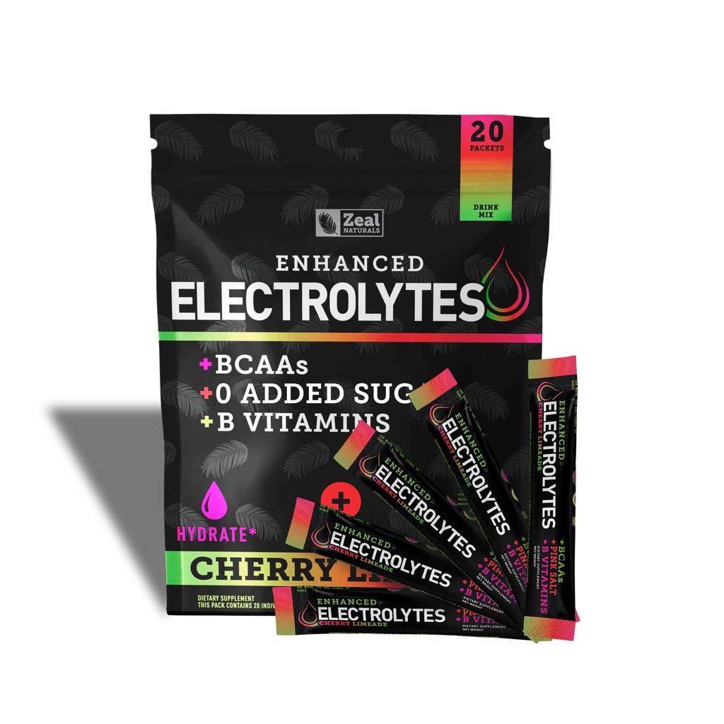 Verbesserte Elektrolyt-Pulver-Stick-Packs (Cherry Limeade | 20 Packets) w/ 0 Zucker + BCAAs +B-Vitamine Elektrolyt-Ergänzung mit Kalium Zink & Magnesium für Hydration - Keto-Elektrolyte
