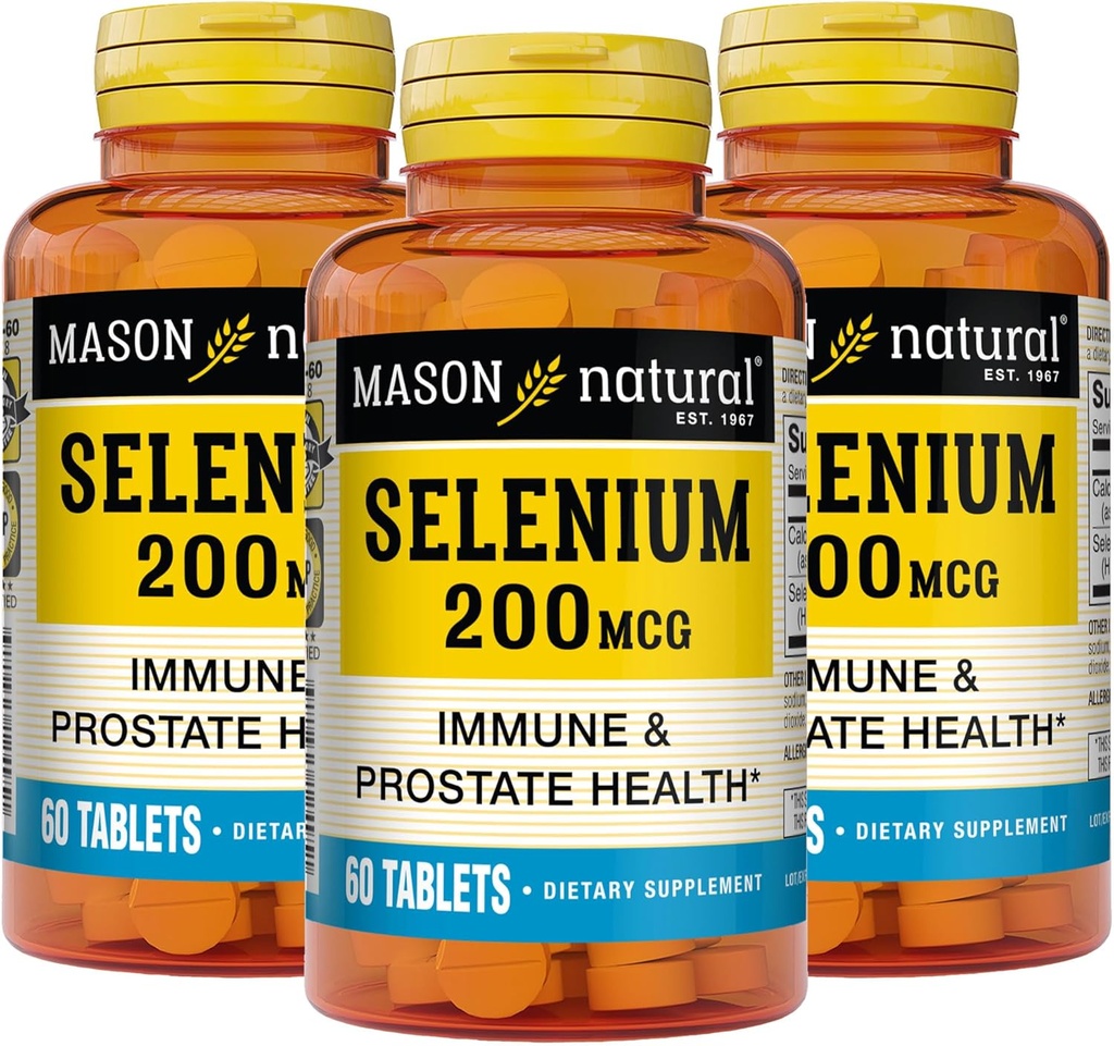 MASON NATURAL Selen 200 mcg - Antioxidante Ergänzung für Immununterstützung & Prostata Gesundheit, Essential Trace Mineral, 60 Tabletten (Pack von 3)