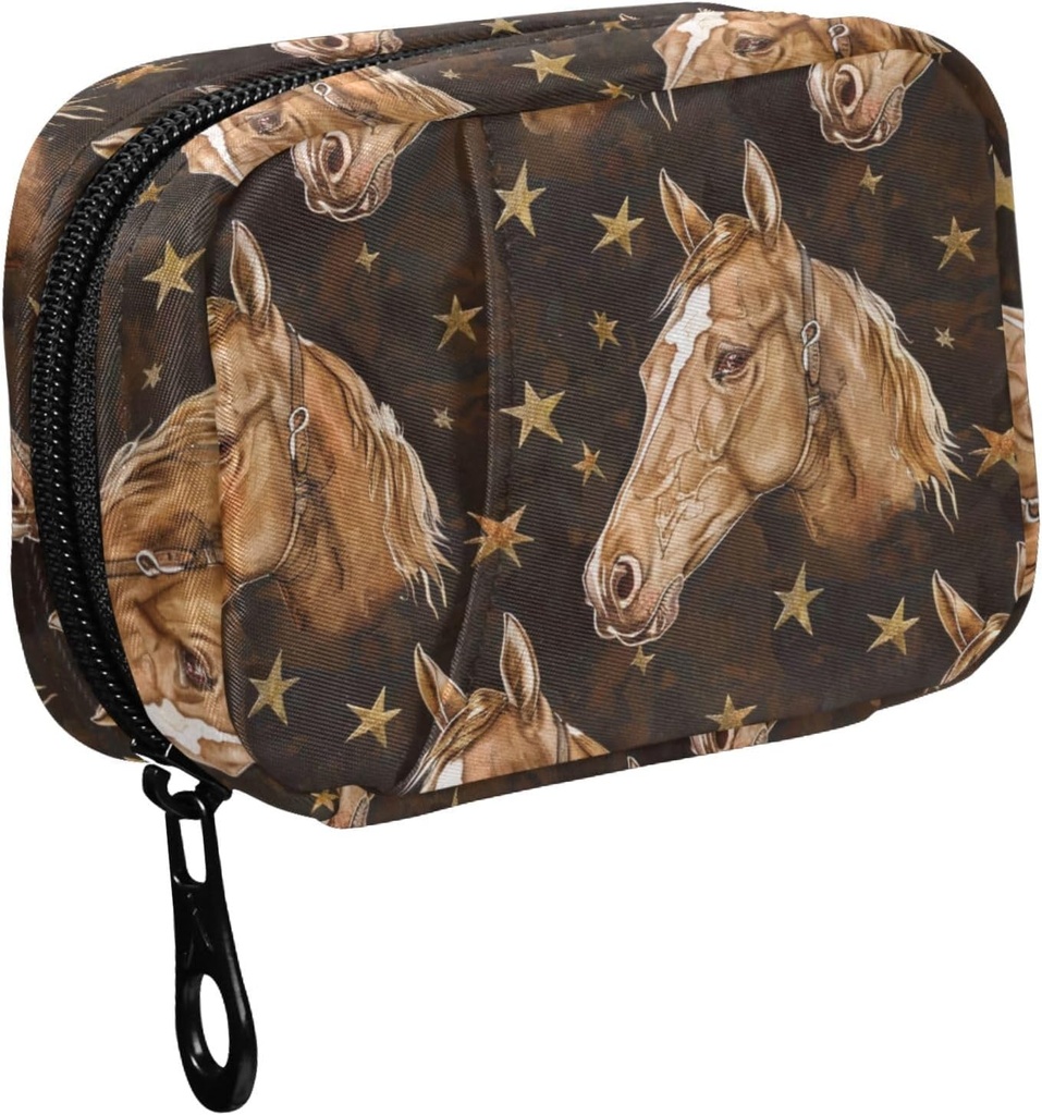 Fustylead Hand Draw Brown Horse Heads and Stars Pill Organizer for Purse, Weekly Portable Pill Box with Zipper to Storage Vitamins Fish Oils Medications Supplements