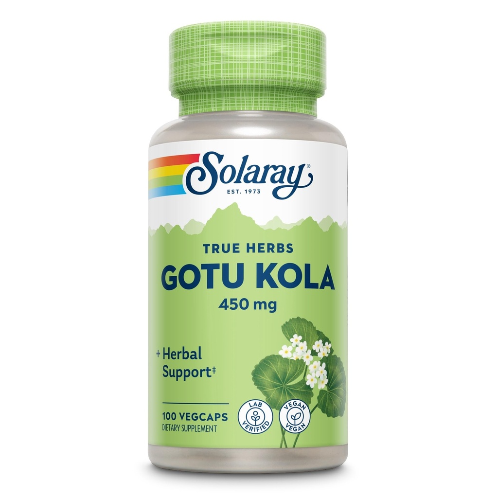 SOLARAY Gotu Kola 450mg - Suppléments à base de plantes Centella Asiatica - Gotu Kola Capsules faites avec l'aérien entier pour le soutien puissant du bien-être - Vegan, non-OGM, laboratoire vérifié, garantie de 60 jours, 100 portions