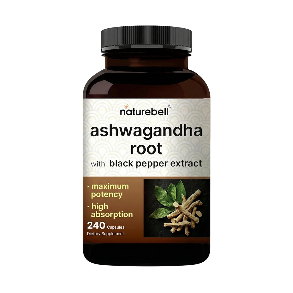 NatureBell Ashwagandha mit schwarzem Pfeffer, 240 Kapseln | Hoher Absorptionskomplex – Extra Strength Root Extract – Adaptogene Ergänzungen zur Entspannung – Non-GMO