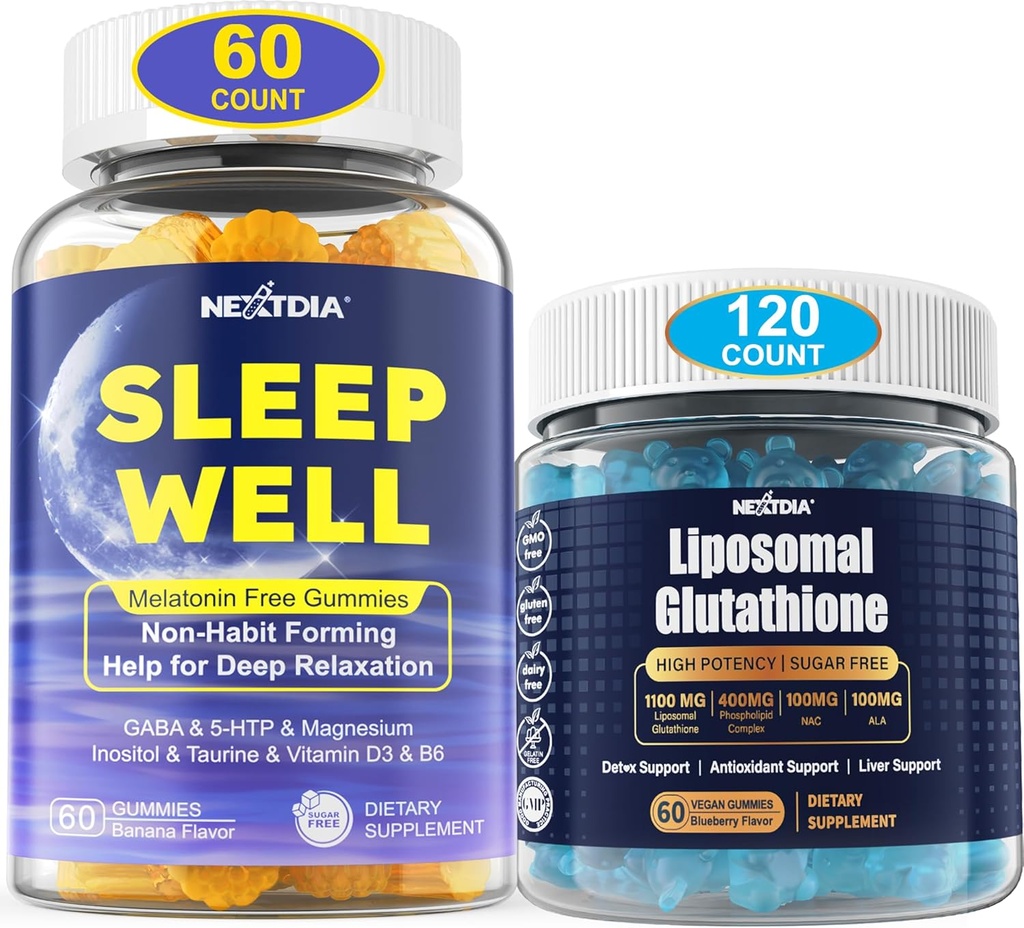 Gommies de sommeil naturelles sans mélatonine pour adultes + Supplément Glumies de glutathion liposomique pour femmes
