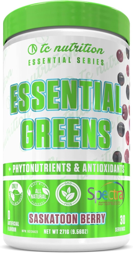 Essential Greens Powder | Optimize Health + Energy | Spectra, Organic Matcha, Spirulina, More | Probiotics & Digestion Support, Antioxidantien | Stevia Sweetened, Saskatoon Berry,30 Serv, Non-GMO, Vegan