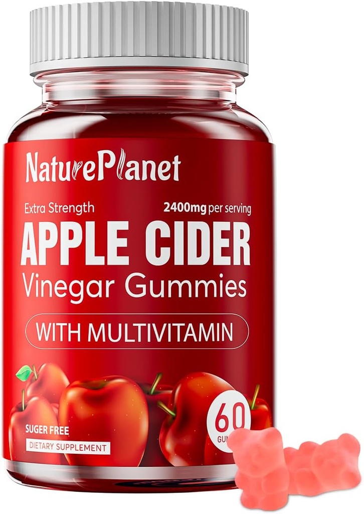 NaturePlanet Apple Cider Essiggummis, 2400 MG ACV Gummis mit Multivitamin, Vegan, Non-GMO, Glutenfrei, 60 Gummies