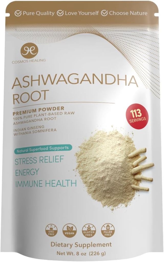 Ashwagandha Root Powder | Organic Adaptogen | 8 oz (113 Servierungen) | 2 Gramm pro Servieren | Ayurvedic Stress Support & Energy Booster | Non-GMO, Vegan, Gluten-Free