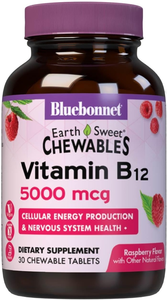 Bluebonnet Nutrition Earth Sweet Vitamin B12 5000 mcg Kautabletten, Sojafrei, Glutenfrei, Kosher Zertifiziert, Dairy-Free, Vegan, Himbeer Flavored, 30 Kautabletten, 30 Servierungen