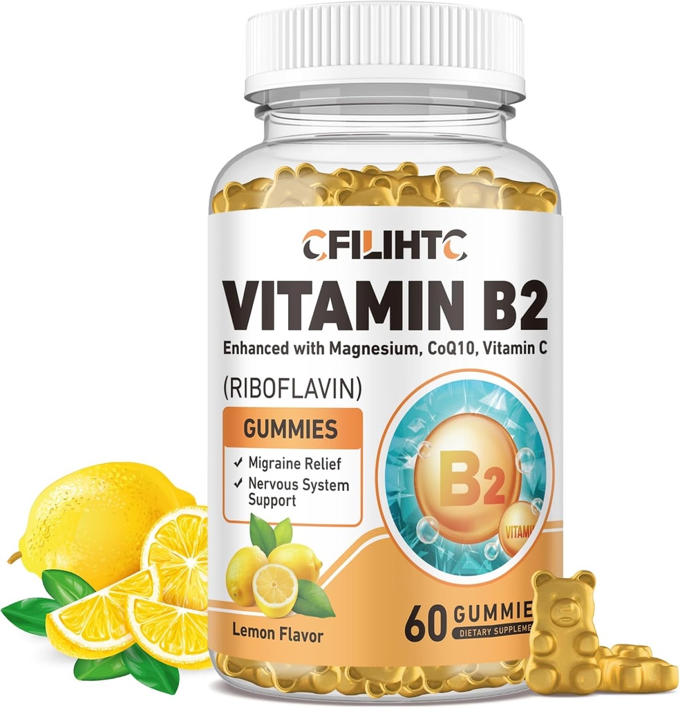 Vitamin B2 Gummies Riboflavin 400mg Beilage für Kinder & Erwachsene - Magnesium Glycinat, Zink, CoQ10, Vitamin B12 - Migraine Relief & Energie, Nervous System Support, Sugar Free Lemon Flavor, 60ct