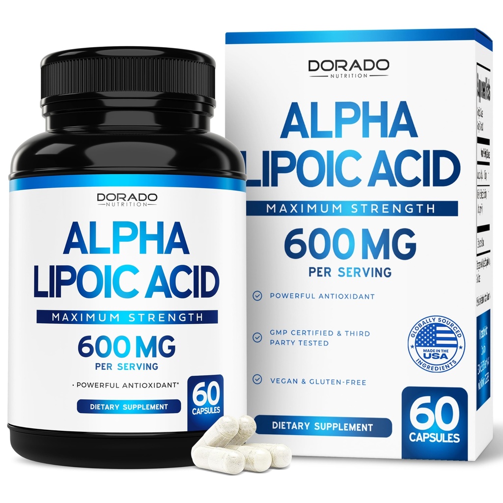 Acide alpha lipoïque 600mg par portion 60 Capsules - Potent Antioxydant pour la neuropathie et la santé cardiovasculaire (Supplément ALA) - Tiers testés, non OGM, sans gluten, végétaliens et américains fabriqués