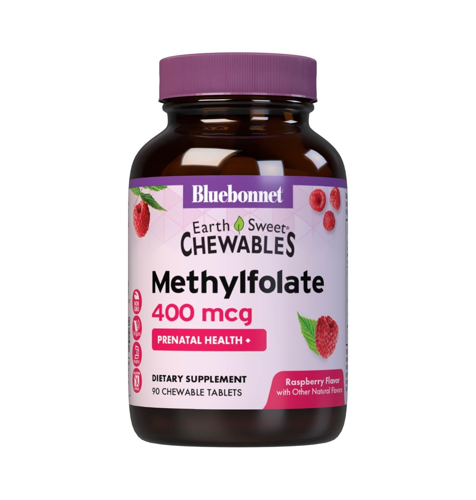 Bluebonnet EarthSweet Methylfolate 400 mcg Cellular Active Coenzym 5-MTHF L Methyl Folate Supplement - Prenatal & Energy Support* - Non-GMO, Vegan, Gluten-Free - Raspberry - 90 Chewable Tablets