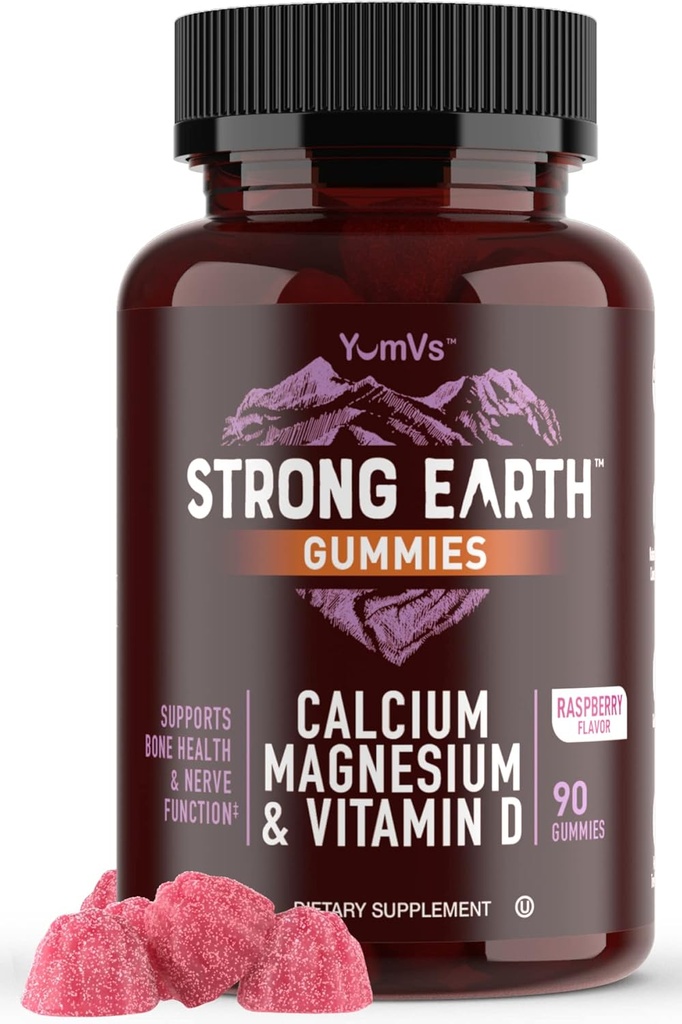 YUM-V'S Forte Terre Calcium, Magnésium, Gummées Vitamine D3, Gummées Vitamine, Supplément Calcium pour une santé osseuse forte pour les femmes et les hommes - Certifié Kosher (90 comte)