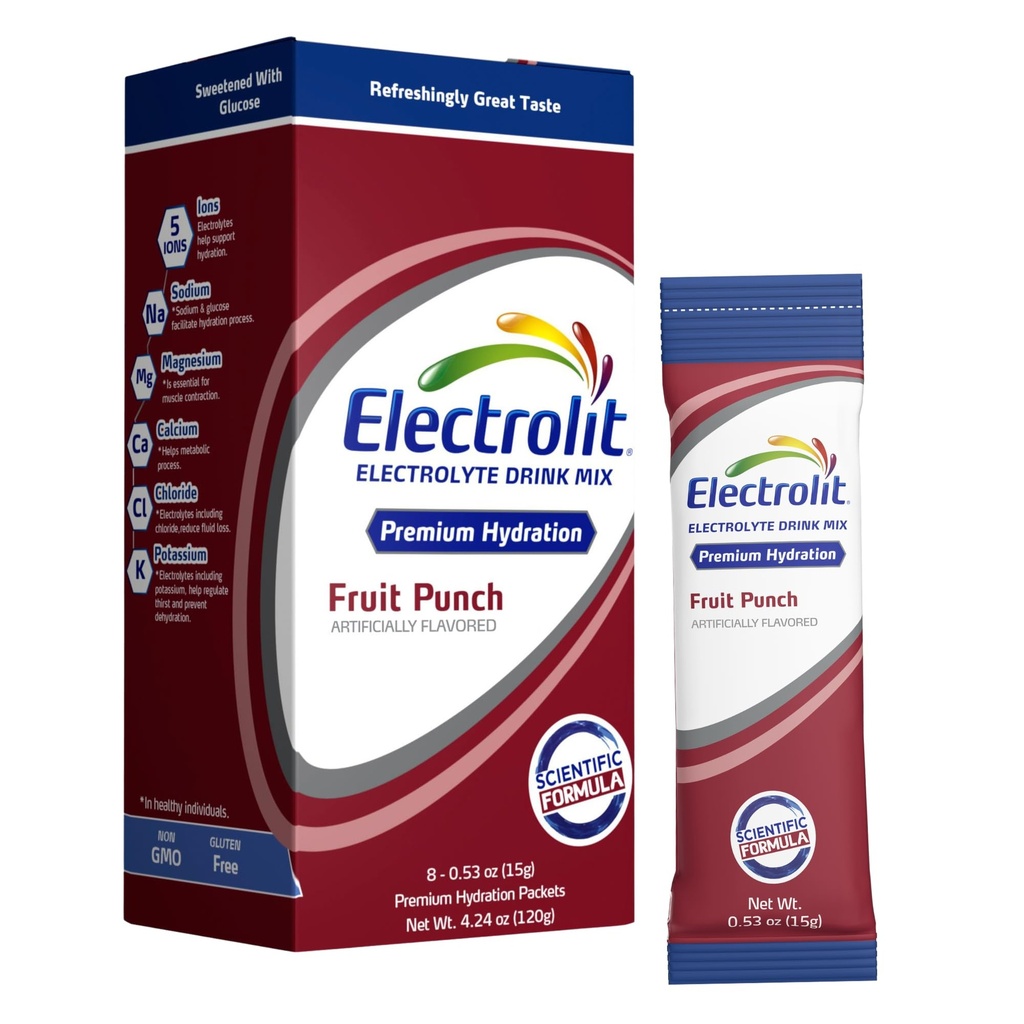 Electrolytes électrolits Packs en poudre, Fruit Punch 8 Pack, Packs d'hydratation en poudre pour la déshydratation et la réhydratation, Mélange de boissons hydratantes aromatisées après l'entraînement, Sticks journaliers sans gluten