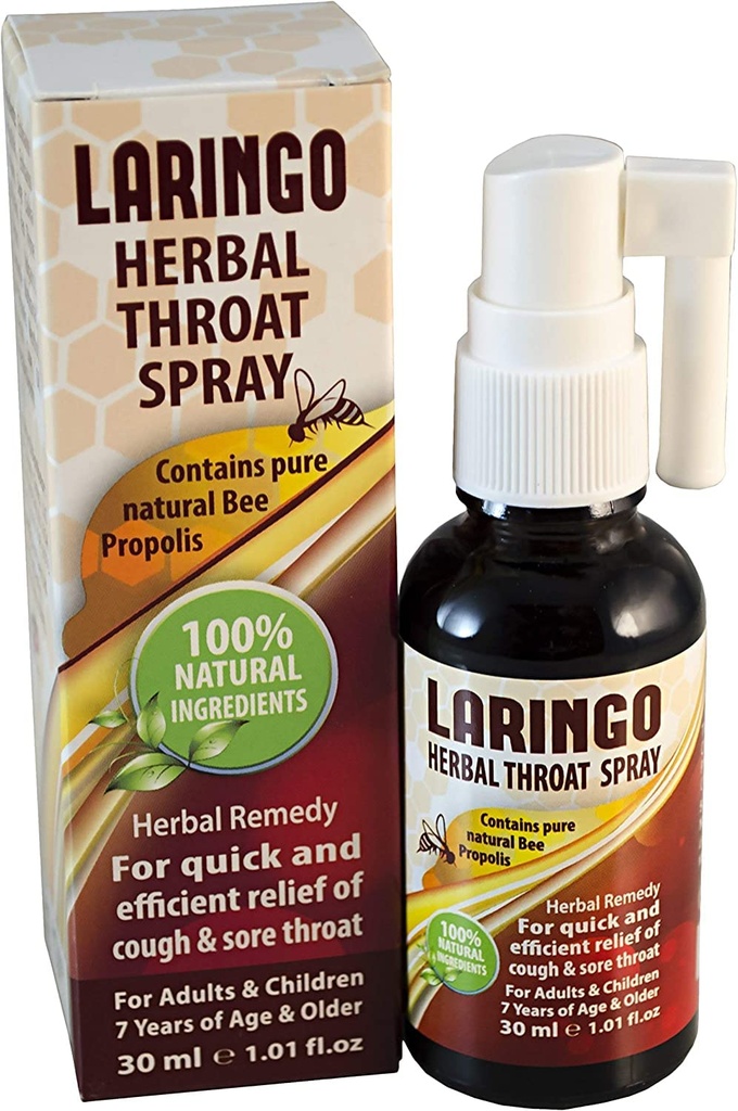 Laringo Throat Spray - Enthält reine 99% Raw Bee Propolis Extrakt - 100% natürliches Throat Remedy für Erwachsene und Kinder - Glutenfrei, schnelles Relief. Kosher - 1 FL Oz