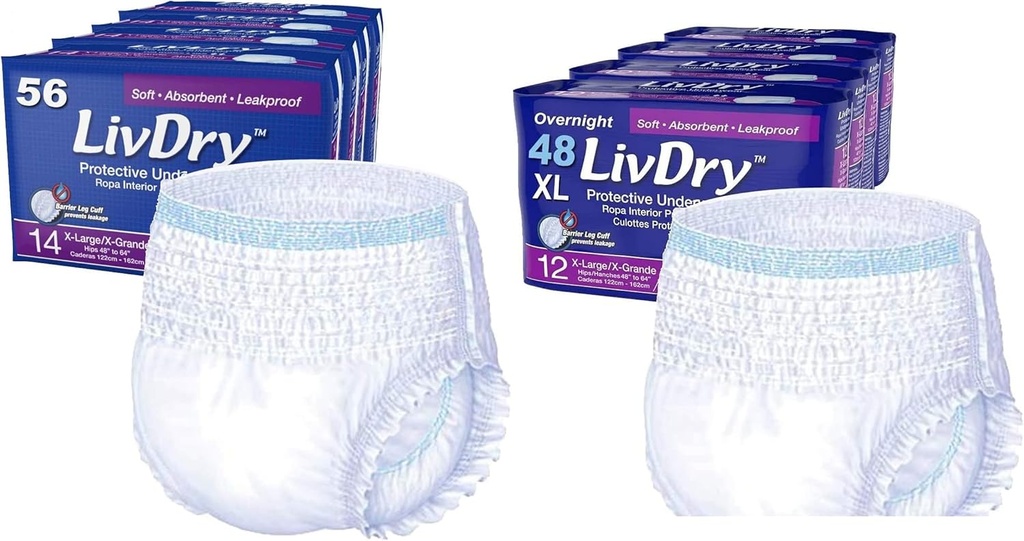 LivDry Adult Incontinence Underwear, Extra Absorbency mit Overnight Comfort Bundle - Extra Large, Case