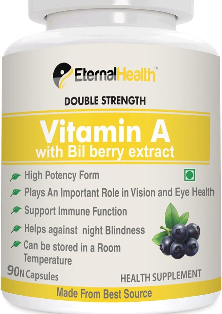 Eterna.l-Gesundheit Vitamin A (Doppelstärke) mit Bilberry-Extrakten und Retinyl Palmitate-Extrakten- Hohe Potenzform - Unterstützt gesundes Vision & Immunsystem und gesundes Wachstum – 90 Veg-Kapseln