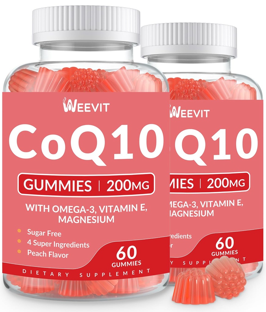 Zuckerfreie CoQ10 Gummie 200 MG, Coenzym Q10 (Ubichinon) Gummie für Erwachsene, Co Q10 Ergänzung mit Omega-3, Magnesium, Energie, Gehirnunterstützung