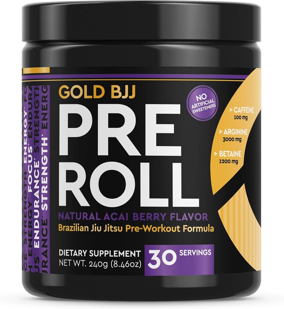 Gold BJJ PreRoll - Jiu Jitsu Pre Workout Ergänzung für Energie, Fokus und Ausdauer - Martial Arts Spezifische Pre-Workout Pulverform mit natürlichen Aromen (Acai Berry, 30 Portionen)