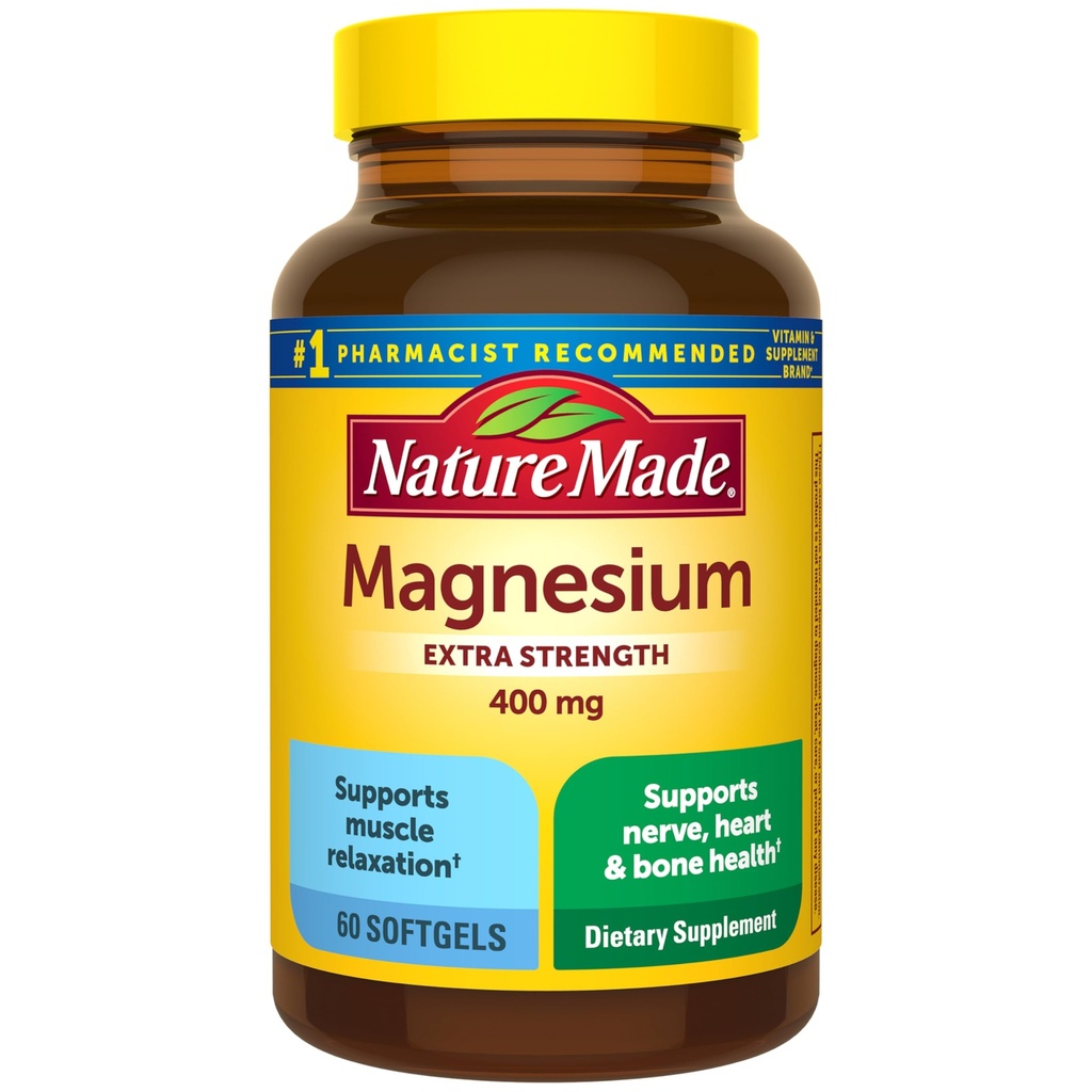 Natur Made Magnesiumoxid 400 mg Softgels, extra Stärke Magnesium Ergänzungen für Männer und Frauen, Unterstützung für Muskel, Nerve, Knochen und Herz, 60 Tage Versorgung