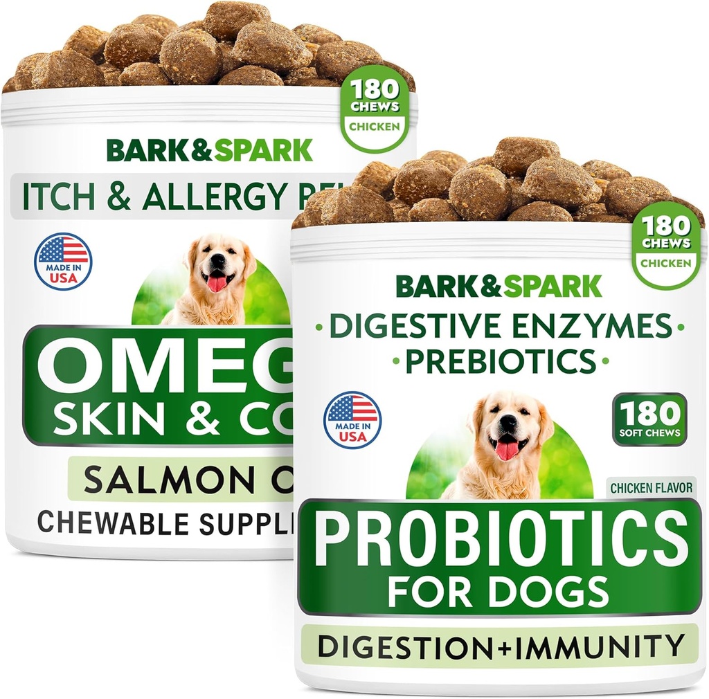 Dog Probiotics Chews + Omega 3 für Hunde Bundle - Gas, Durchfall, Verstopfung, Upset Stomach Relief + Allergy und Itch Relief - Verdauungsenzyme + Präbiotika + Omega 3 - Haut- und Mantelunterstützung
