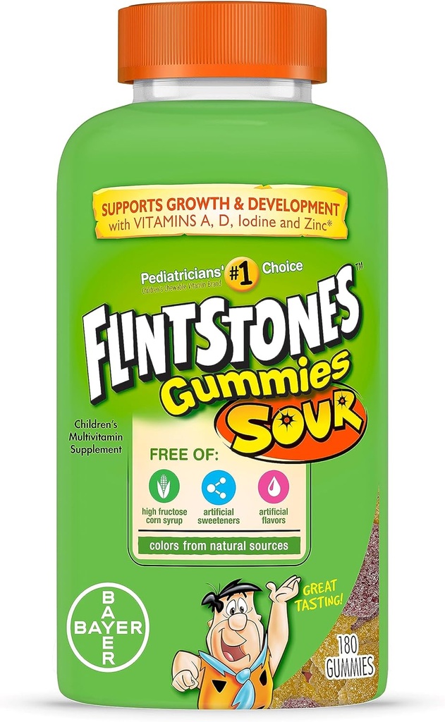 Flintstones Sour Gummy Vitamine für Kinder, Kinder Multivitamin Gummis mit Vitaminen C, B6, B12, A & Vitamin D, unterstützen Kinder Wachstum und Entwicklung, 180 Count