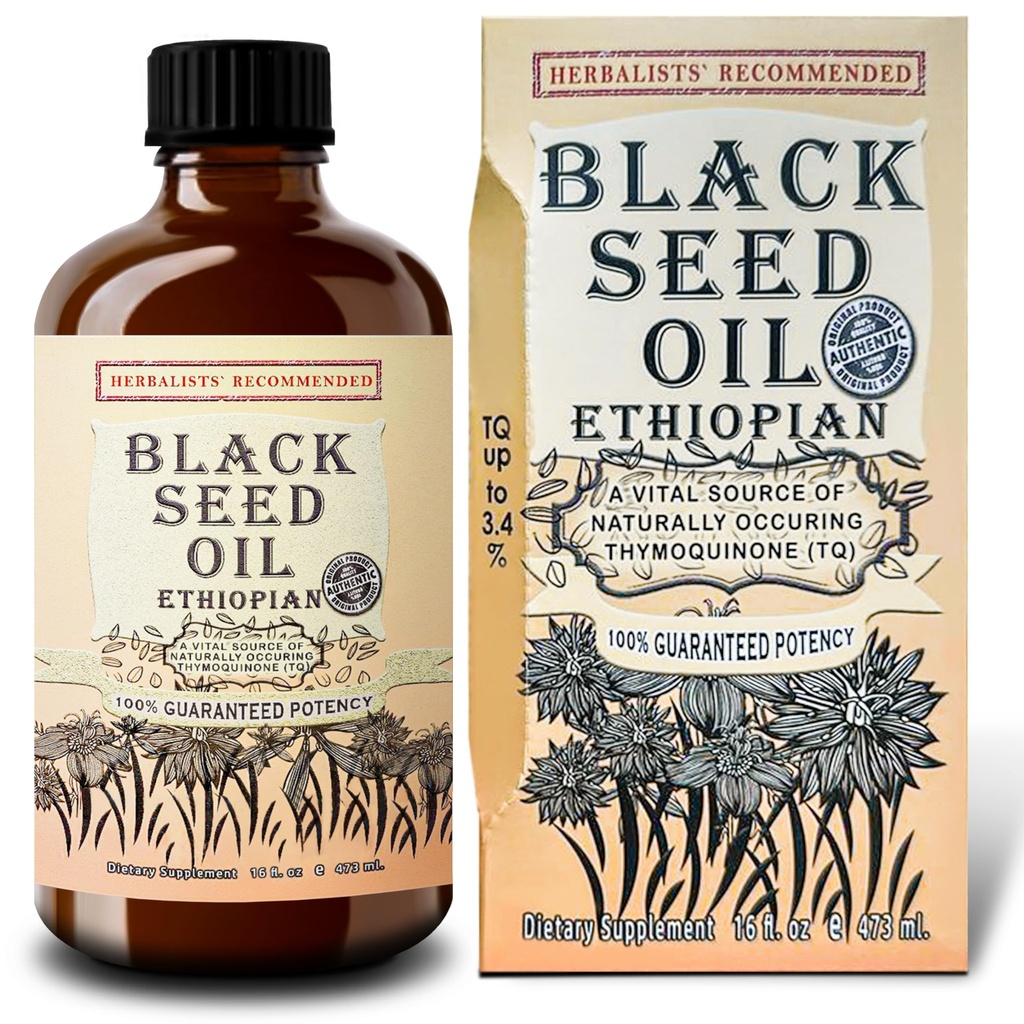 Huile de graines noires éthiopienne 16oz – 3x Thymoquinone – Nigella Sativa 100% pressée par le froid – Immune, articulaire, cheveux et soutien de la peau