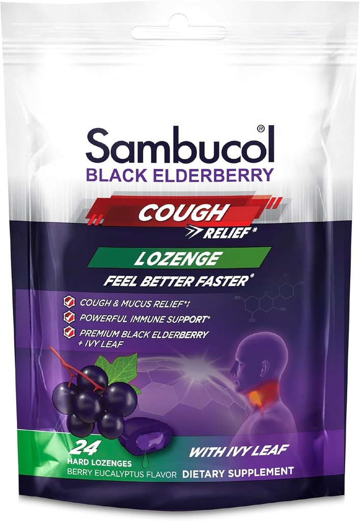 Sambucol Black Elderberry Cough Relief Lozenges - Cough Drops für Erwachsene, Sambucus Elderberry Lozenges, mit Ivy Leaf, Cough & Mucus Relief, Immununterstützung, Berry Eucalyptus - 24 Count, 1 Pack