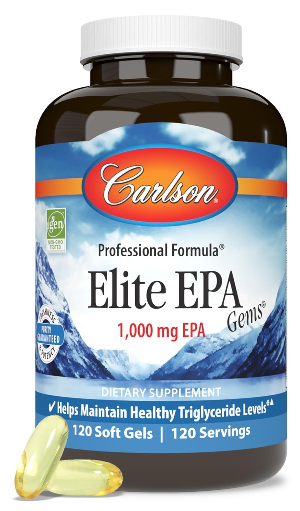 Carlson - Elite EPA Gems, 1000 mg EPA Fish Oil, Wild-Caught, Norwegisches Fischöl, Sustainable Sourced, hilft gesunden Triglycerid Levels, 120 Softgels