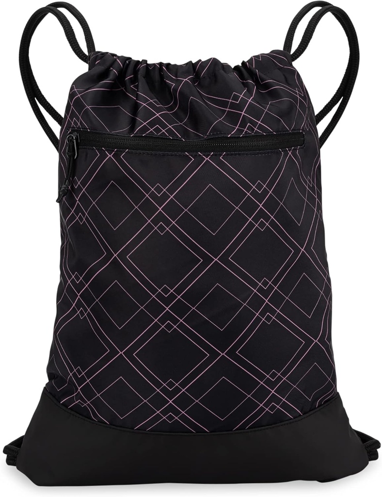Drawstring Gym Bag for Women | Durable Lightweight Gym Cinch Backpack with Graphic Designs | Great for the Gym and Sports | Black/Rose - Geometric