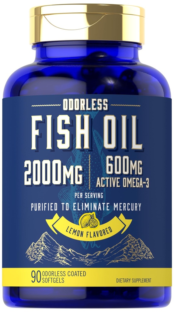 Carlyle Fish Oil 2000mg | 600mg Omega 3 Supplement für Männer & Frauen | 90 Odorless Softgels | Lemon Flavored | Non-GMO und glutenfrei