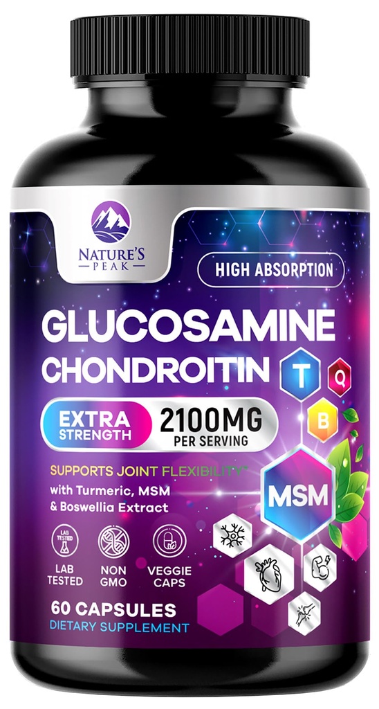 Glucosamin Chondroitin MSM Joint Supplement 2100mg - mit Glucosamine Sulfat, Turmeric, Boswellia, Quercetin & Bromelain – Extra Strength Flexibilität, Mobilität & Joint Support, 60 Kapseln