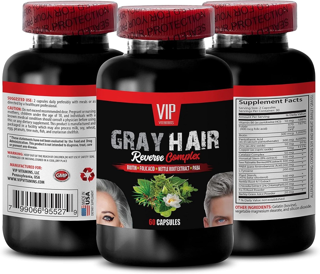 VIP VITAMINS Haarergänzung - Graues Haar Reverse Complex, Biotin, Folsäure, Nettle Root - Saw Palmetto Extract, 1 Flasche (60 Kapseln)