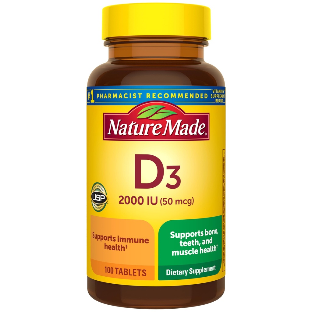 Nature faite vitamine D3 2000 UI (50 mcg), supplément de vitamine D pour os, dents, muscles et immunitaires, 100 comprimés, 100 jours d'approvisionnement