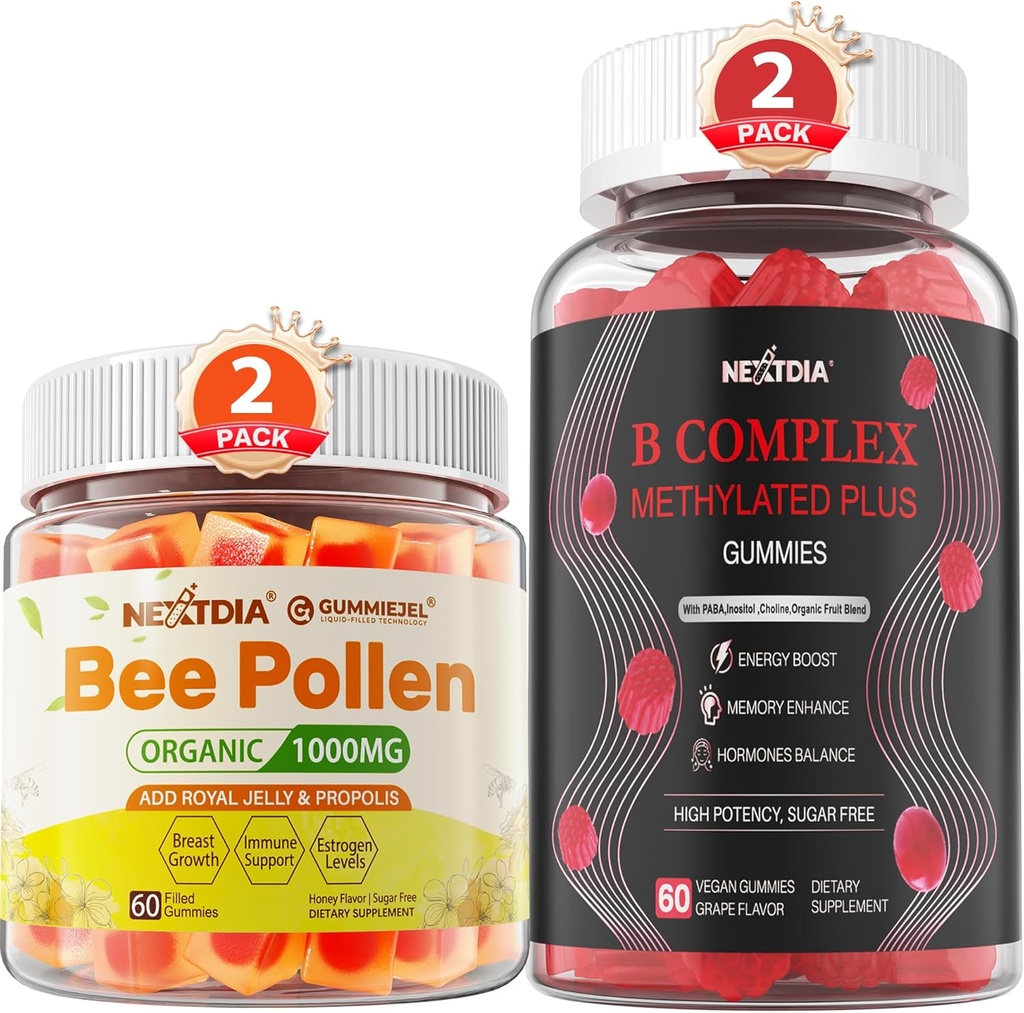 Biene Pollen für Brustwachstum Bio 1000mg + Vegan Super methylierte B Complex Vitamin Gummis für Frauen