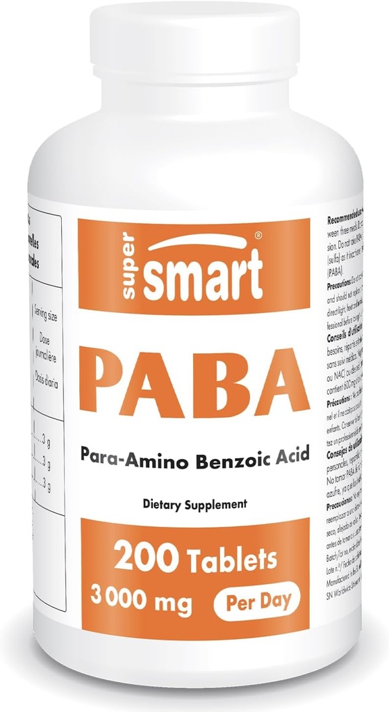 Supersmart - Supplément PABA 3000mg par jour (acide para-aminobenzoïque) - Vitamine complexe B naturel - soluble dans l'eau PABA. Comprimés