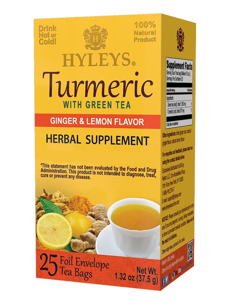 Hyleys Ginger Turmeric Tea Lemon Flavor - 25 sachets de thé (12 Pack - 300 sachets de thé Total) - Wellness Herbal Supplement Green Tea