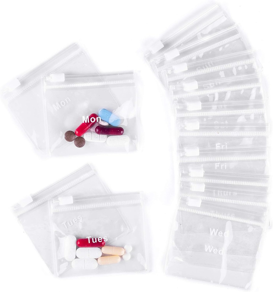 Reusable Pill Pouches for Medicine with Slide Lock | (14 Count) 3" Wide by 2.75" Tall Labelled Monday-Sunday Pill Bags | EVA Grade Kunststoff für Pillen und Vitamine