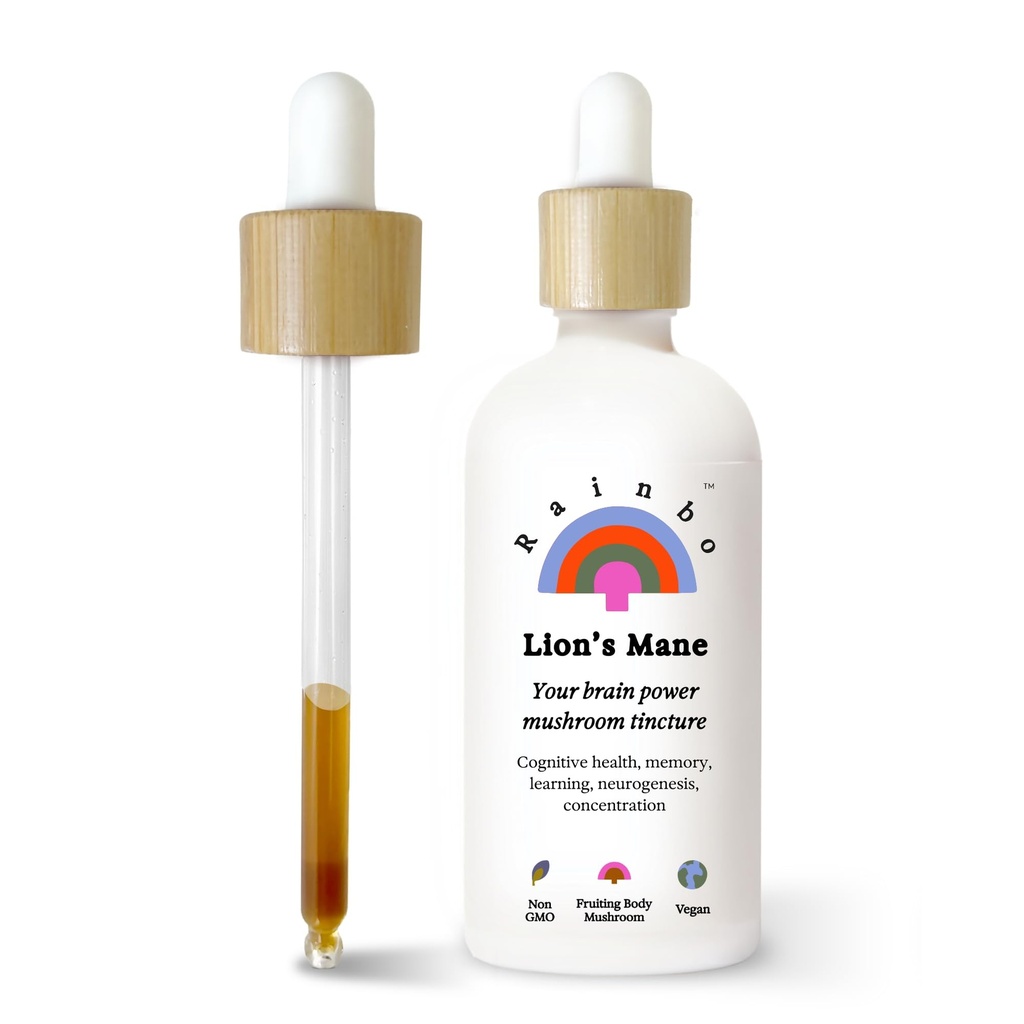 Rainbo - Lion's Mane Mushroom Tincture - Dual Extract Mushroom Supplement - Brain Support, Fokus, Gedächtnis, Liquid Lion's Mane Supplement, Vegan, Non GMO, 3,4 fl oz