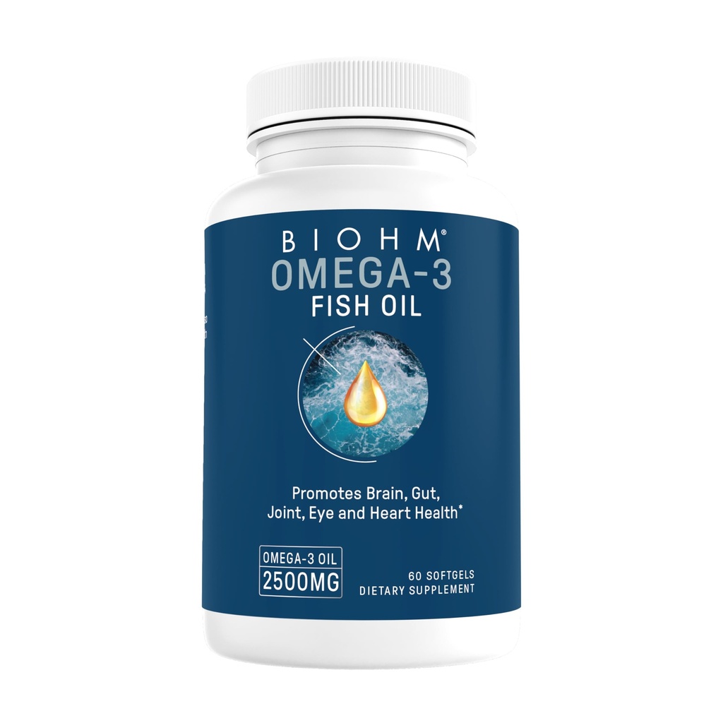 BIOHM Omega-3 Fischöl (2500mg, 60 Softgels) Hohe Potenz 860mg EPA & 630mg DHA, Omega 3 Fettsäure-Ergänzungen zur Unterstützung von Gehirn, Gelenk, Auge, Leber & Gut Gesundheit, Sustainable Sourced
