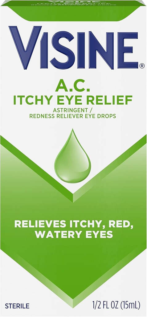 Visine A.C. Gouttes oculaires de soulagement des yeux avec le sulfate de zinc et le HCl tétrahydrozoline, traitement des gouttes oculaires avec le soulagement de la rougeur et astringent pour les yeux Itchy, Rouge, Eauux et Irrités, 0,5 fl. oz