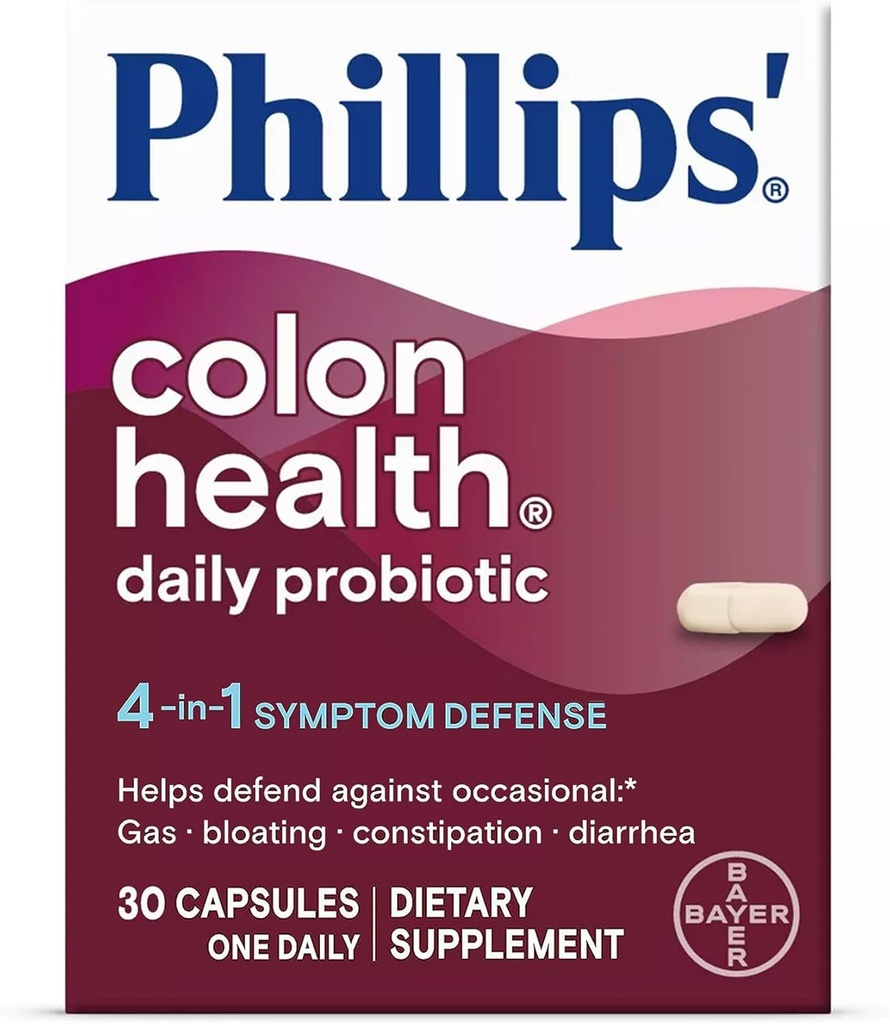 Phillips' Colon Health Daily Probiotic Capsules, 4-in-1 Symptom Defense, um gegen okzionales Gas, Bloating, Constipation und Diarrhea, Daily Supplement, 30 Count