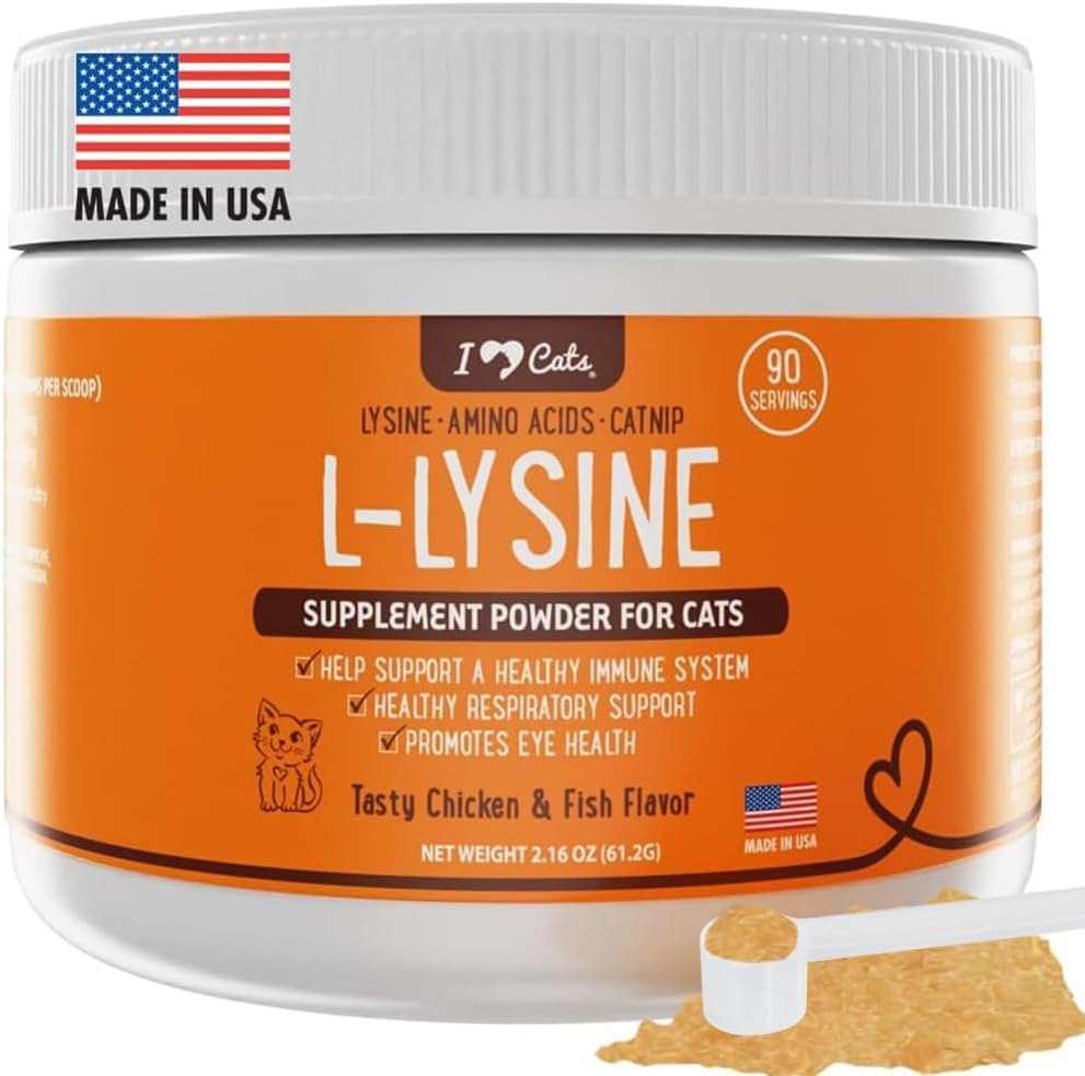 iHeartCats L-Lysine für Katzen - Immun- und Atmungsergänzung für Katzen - Cat Sneezing & Runny Nose Relief - L-Lysine Pulver mit Cat Nip - Huhn & Lachs Flavor