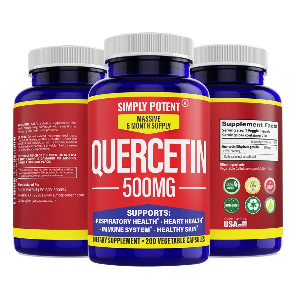 Simply Potent Quercetin Suppléments, Quercetin 500mg 200 Capsules, 2 X Quercetin 250mg Phytosome Bioflavonoïde Antioxydant Vegan pilules sans gluten pour soutenir le coeur cellulaire sain et fonctions immunitaires