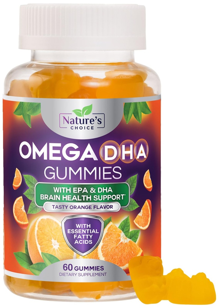 Omega 3 Fish Oil Gummis - Dreifache Stärke Omega3 Gummy - DHA & EPA Fettsäuren für Herzgesundheit, Gelenk & Gehirn Unterstützung, Nature's High Absorption Omega Fish Oil Supplement, Orange Flavor- 60 Gummis