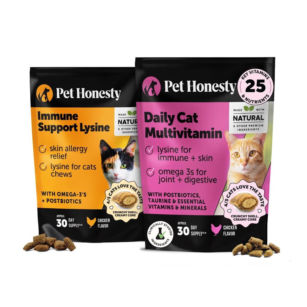 Cat Multivitamines + Immunissance Support Lysine Dual Texture Supplément Chew Bundle - Supporte la santé immunitaire globale, les articulations, la peau et le manteau, et Cat Allergy Relief - Éternuer, Runny Nez