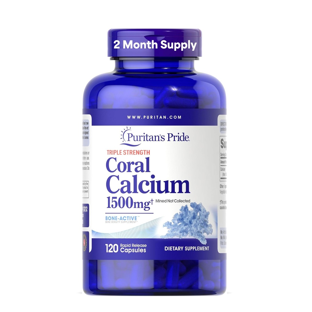 Puritan's Pride Triple Strength Coral Calcium 1500mg mit Bone-ActiveTM, Nahrungsergänzung für Herz, Nerve und Muskelunterstützung, 2 Monate Versorgung, 120 Rapid Release Capsules
