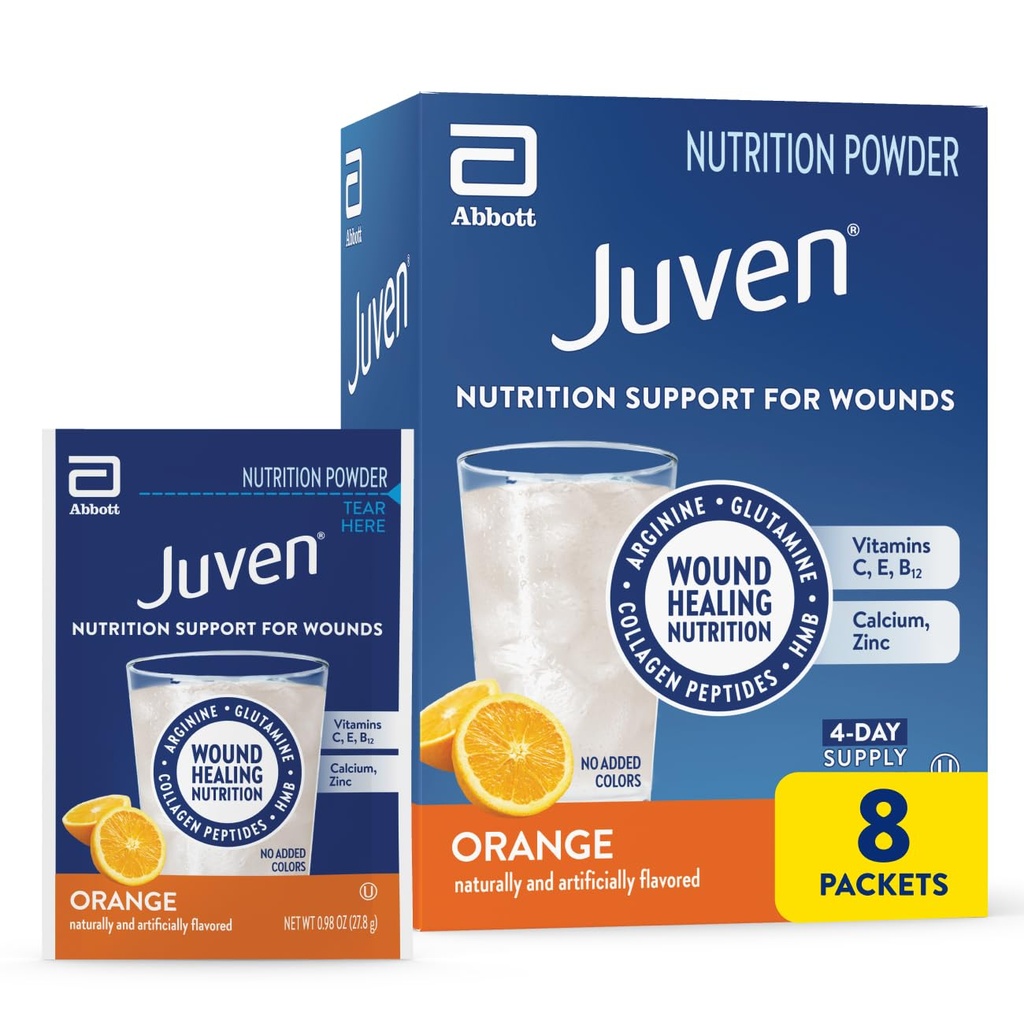 Juven Therapeutic Nutrition Drink Poudre comprenant des peptides de collagène, des acides aminés et du HMB pour le soutien à la guérison des plaies, orange, 48 paquets