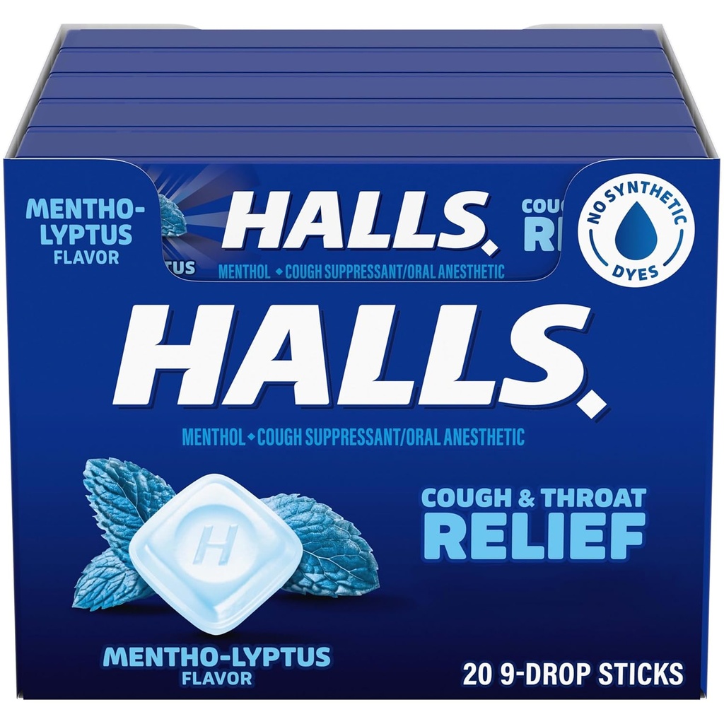 HALLS Cough und Throat Relief Mentho-Lyptus Cough Drops, 20 Sticks von 9 (180 Total Drops)